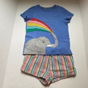 Mini Boden Blue Elephant Appliqué Shirt Rainbow Stripe Shorts Outfit